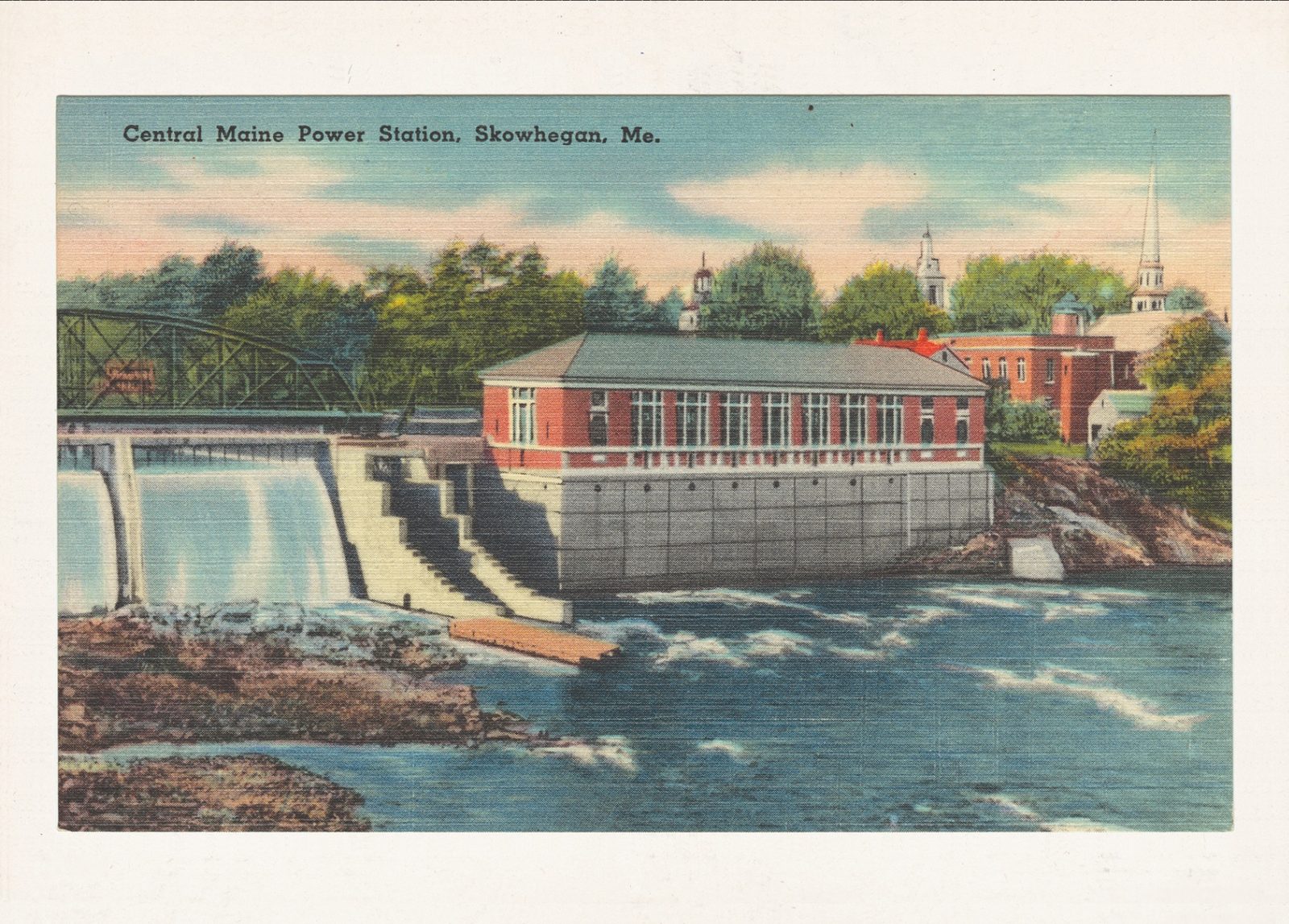 Vintage postcard of the Central Maine Power Station and dam, Skowhegan