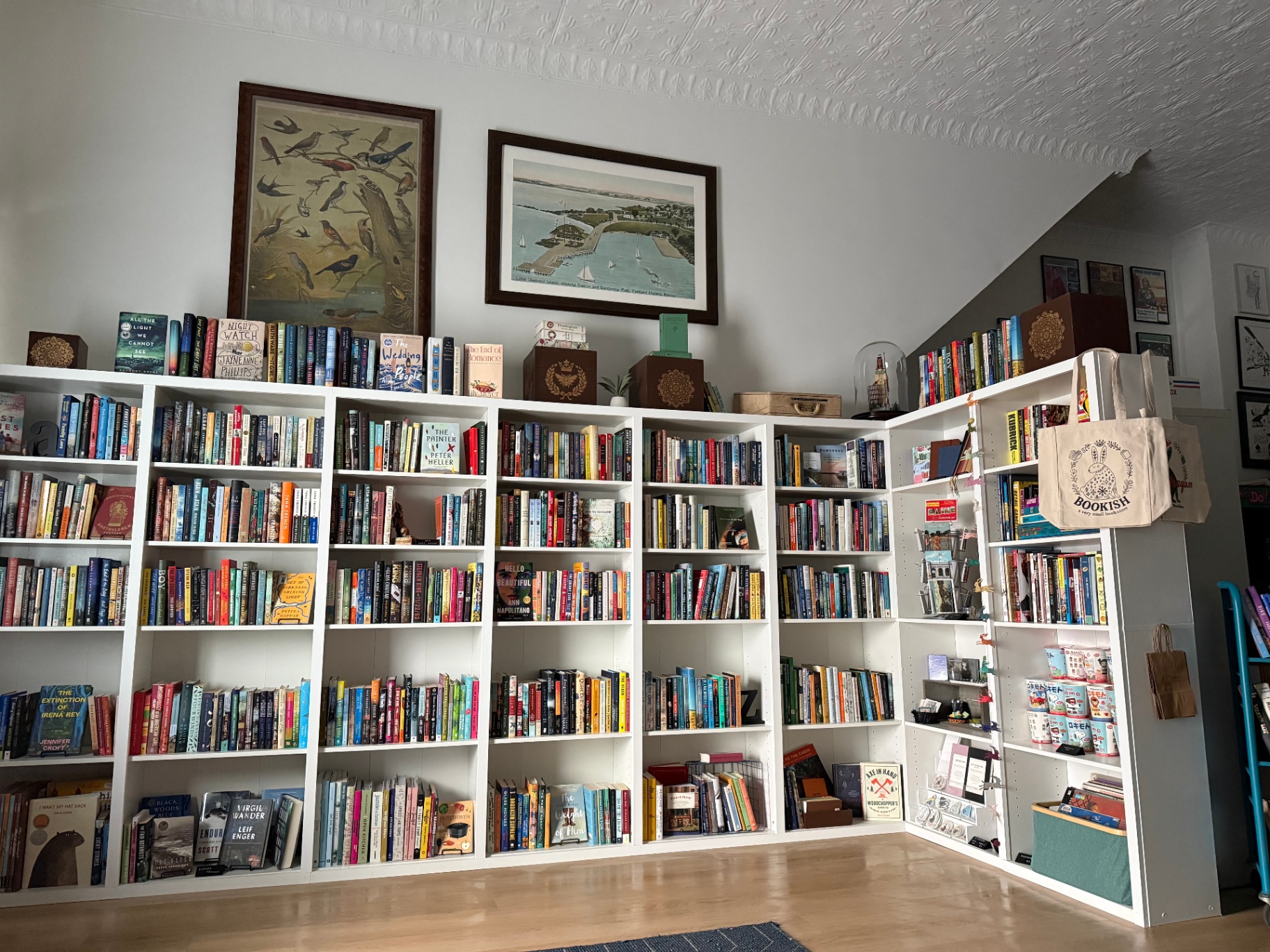 Curated white bookshelves at Bookish filled with colorful spines